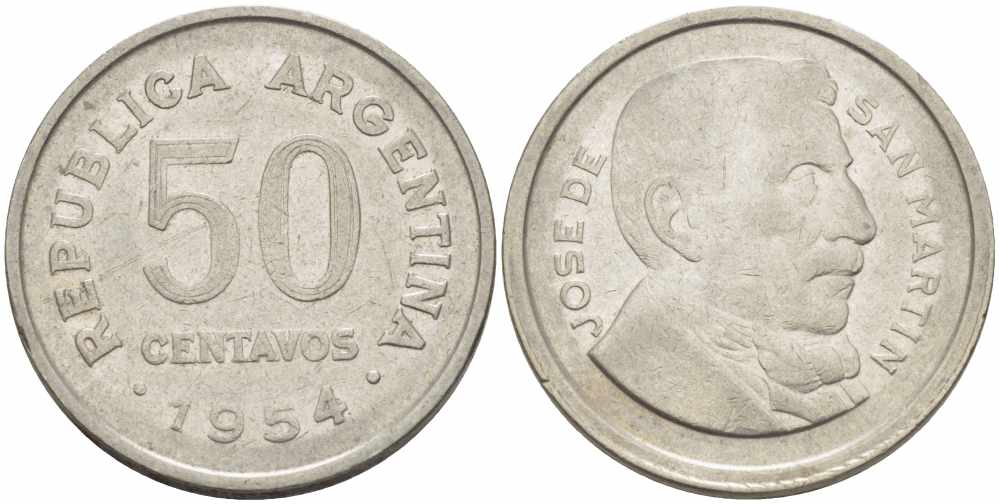 Аргентина 50 сентаво 1954 генерал Хосе де Сан Мартин KM 49 сталь плакированная никелем 108-1156