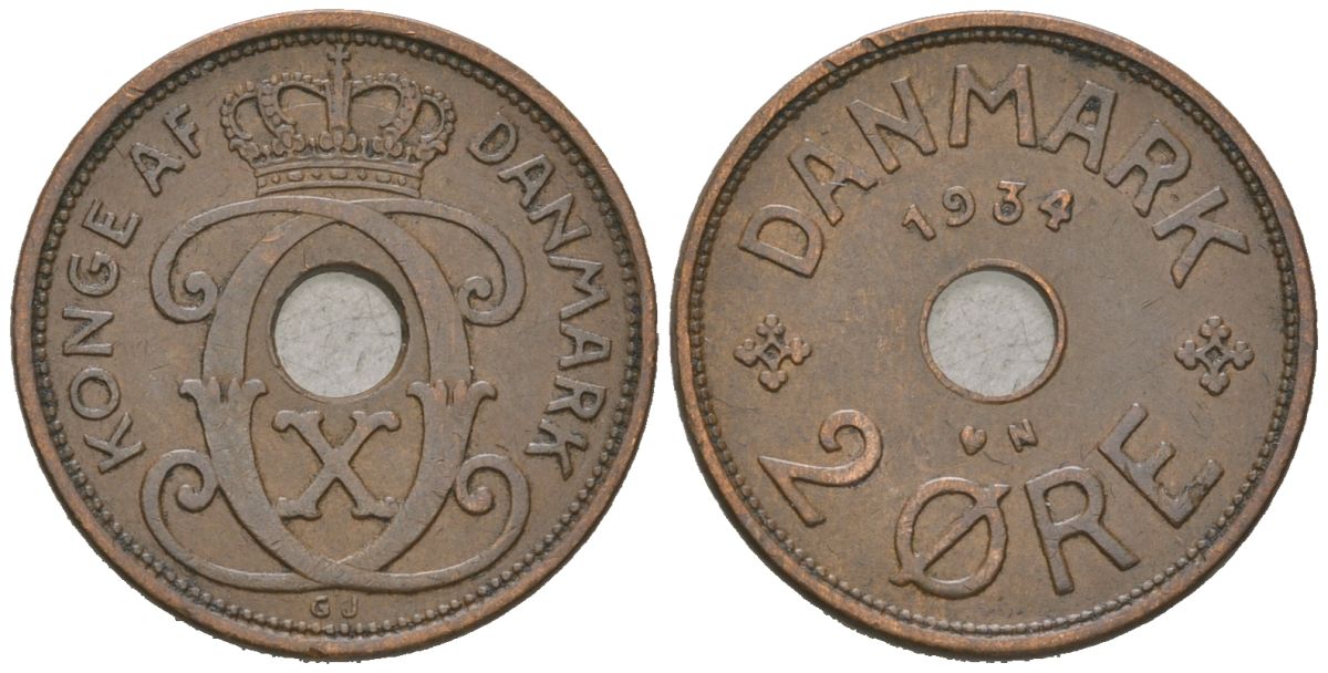 Дания 2 эре 1934 Кристиан X (1912-1947) KM 827 бронза 4115-224