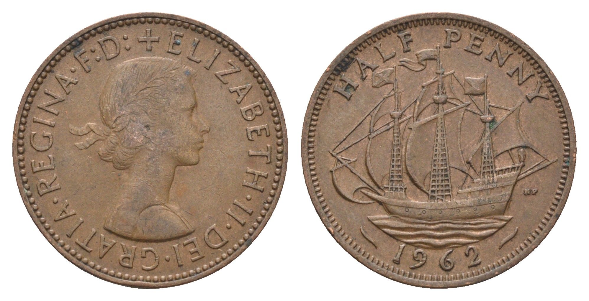 Великобритания 1/2 пенни 1962 Елизавета II (1952-2022) KM 896, Spink 4158 бронза 4662-1214