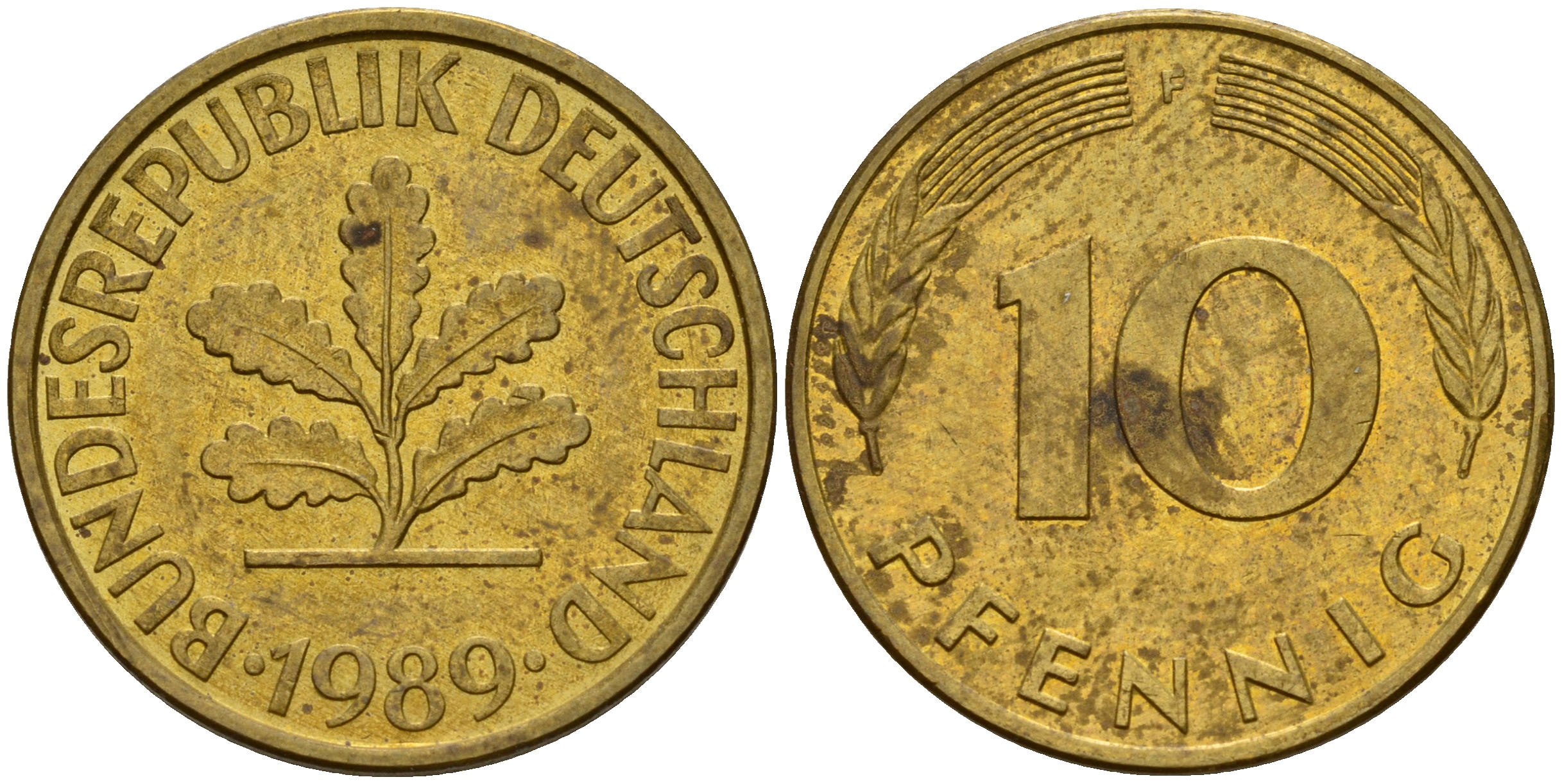 ФРГ 10 пфеннигов 1989 F J. 383, KM 108 сталь плакированная латунью    4603-621