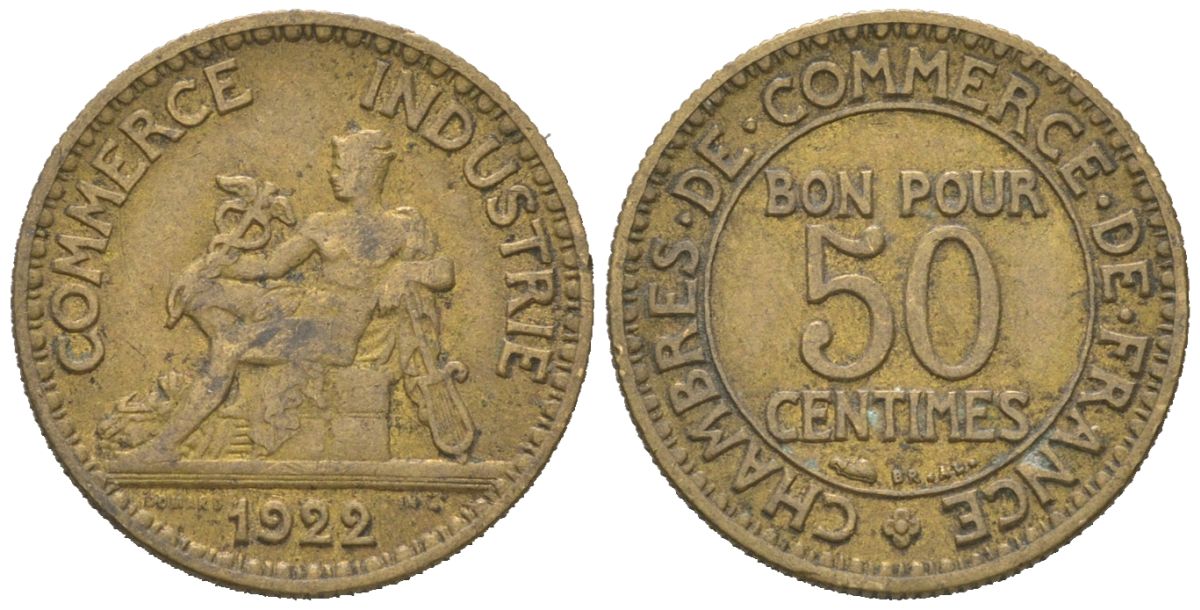 Франция 50 сантимов 1922 тип Chambre de Commerce KM 884, Le Franc 191.5 алюминиевая бронза 4615-651