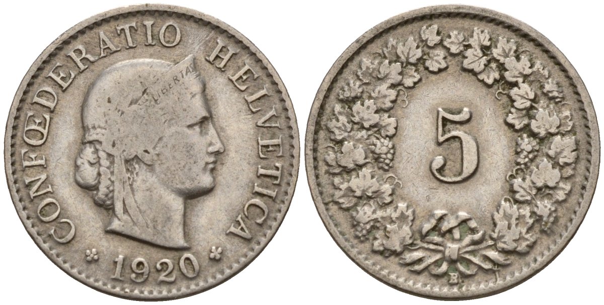 Швейцария 5 раппенов 1920 B KM 26 медно-никель 4189-322