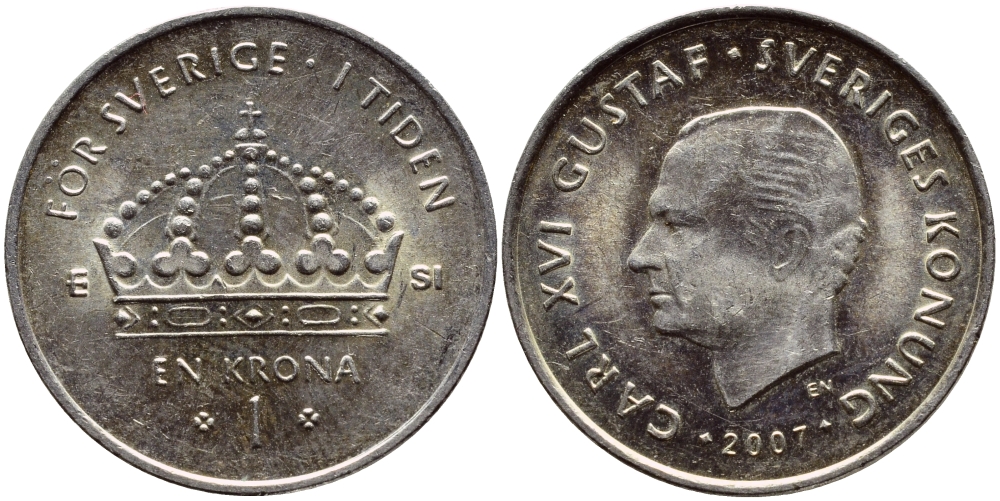 Швеция 1 крона 2007 Карл XVI Густав (1973- ) KM 894 медно-никель 176-412