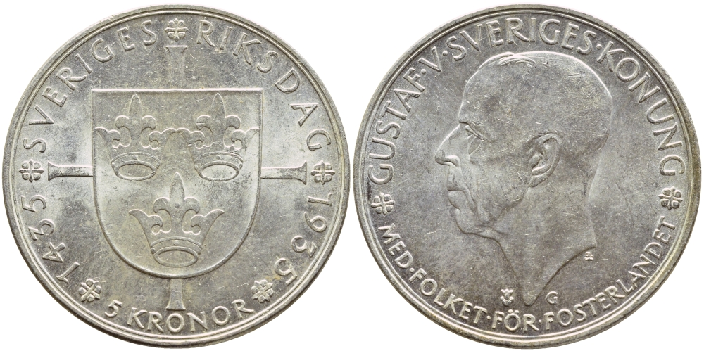 Швеция 5 крон 1935 G, Густав V (1907-1950), 500 лет шведскому парламенту KM 806 серебро 00-00