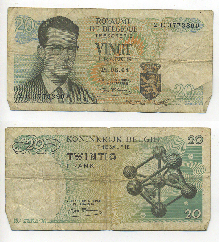 Бельгия 20 франков 1964 Бодуэн I, атомиум, d Haeze Pick 138 (1) бумага 6280-24-4-2