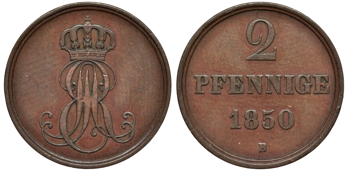 Ганновер 2 пфеннига 1850 B, Эрнст Август (1837-1851) KM 202.1, AKS 124, J. 75 медь 75-1937