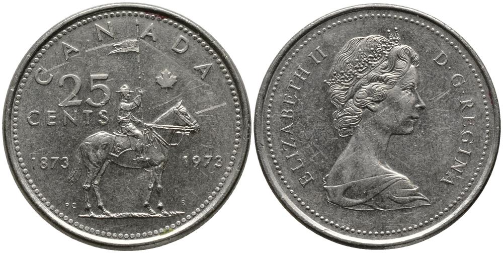 Канада 25 центов 1973 100 лет канадской горной полиции (1873-1973), Елизавета II (1952-2022) KM 81 никель 3336-247