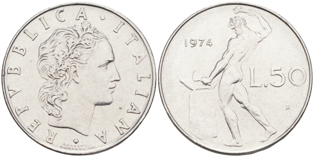 ИТАЛИЯ 50 ЛИР 1974 R КУЗНЕЦ KM 95.1 сталь 3996-832
