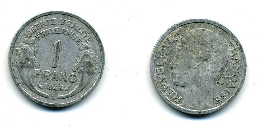 ФРАНЦИЯ 1 ФРАНК 1948 B, ТИП MORLON KM 885а.2, LE FRANC 221.14 алюминий 84-512
