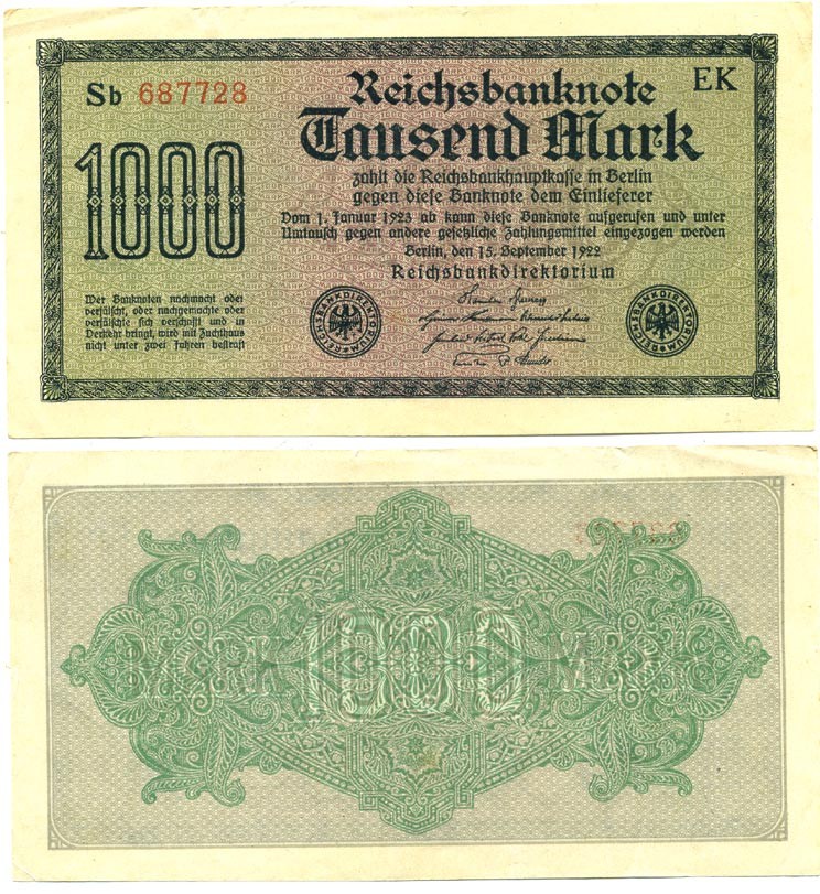 ГЕРМАНИЯ 1000 МАРОК 1922 15 СЕНТЯБРЯ 1922, ВОДЯНОЙ ЗНАК Н, БЕЛАЯ БУМАГА Pick 76f бумага 6289-47-1-1