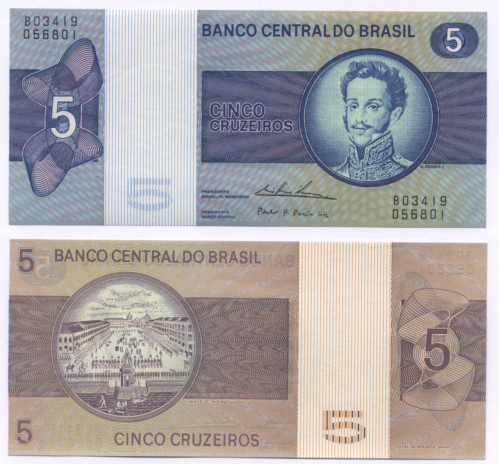 БРАЗИЛИЯ 5 КРУЗЕЙРО 1974 СЕРИЯ 3419, ПОДПИСЬ 18, ПЕДРУ I, ИМПЕРАТОР БРАЗИЛЬСКОЙ ИМПЕРИИ Pick 192с бумага UNC (ПРЕСС) 6294-80-2