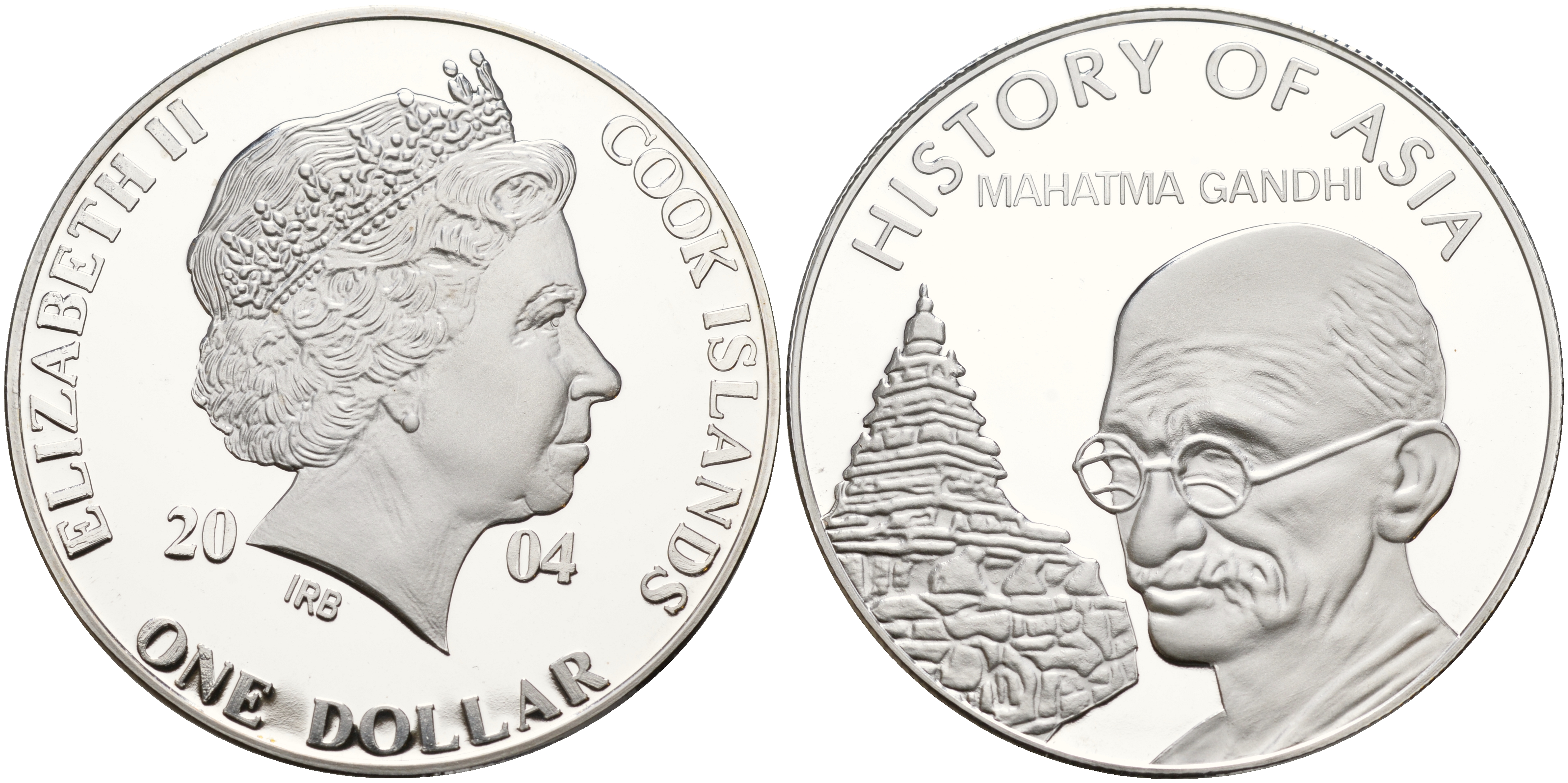 Острова Кука 1 доллар 2004 история Азии, Махатма Ганди KM 1156 медно-никель PROOF 01-234-33