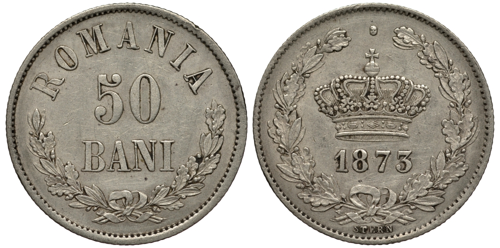 Румыния 50 бани 1873 b, Кароль I как принц (1866-1881) KM 9 серебро 441-1441