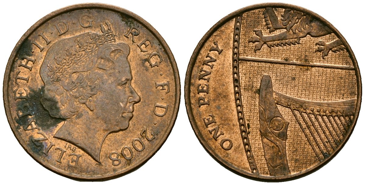 Великобритания 1 пенни 2008 Елизавета II (1952-2022) KM 1107, Spink B6 сталь плакированная медью 4176-645