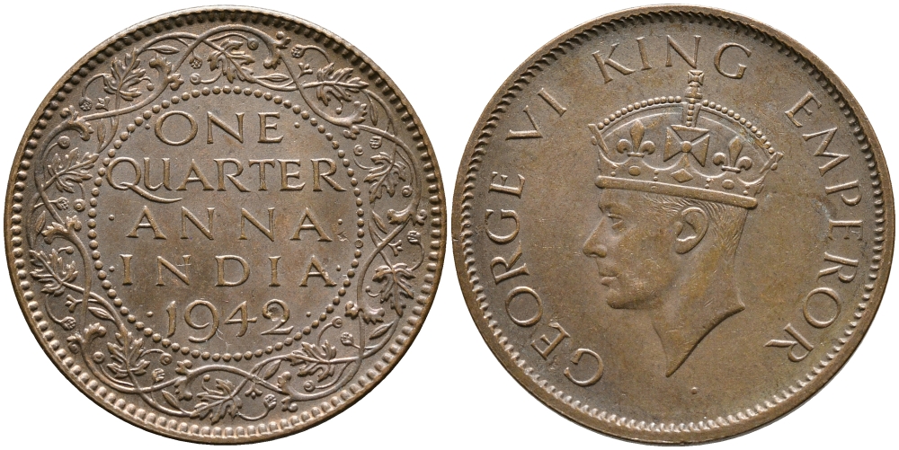 Британская Индия 1/4 анна 1942 Георг VI (1937-1952) KM 531 бронза aUNC 4364-2741