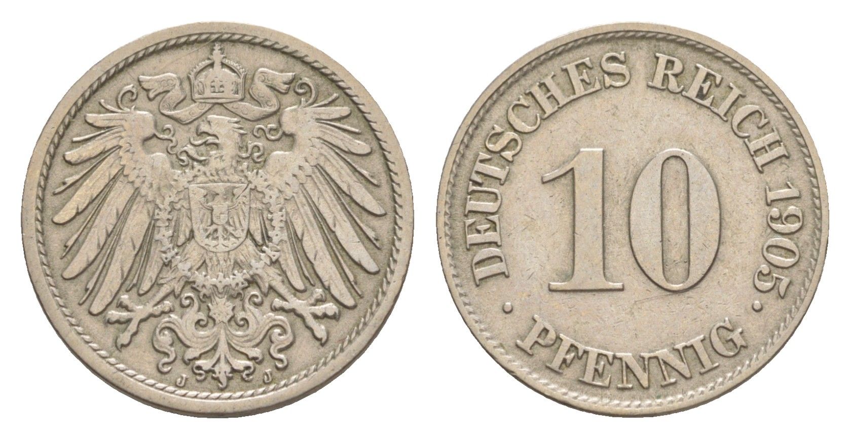 Германия 10 пфеннигов 1905 J, Вильгельм II (1888-1918) KM 12, J. 13 медно-никель 4640-262
