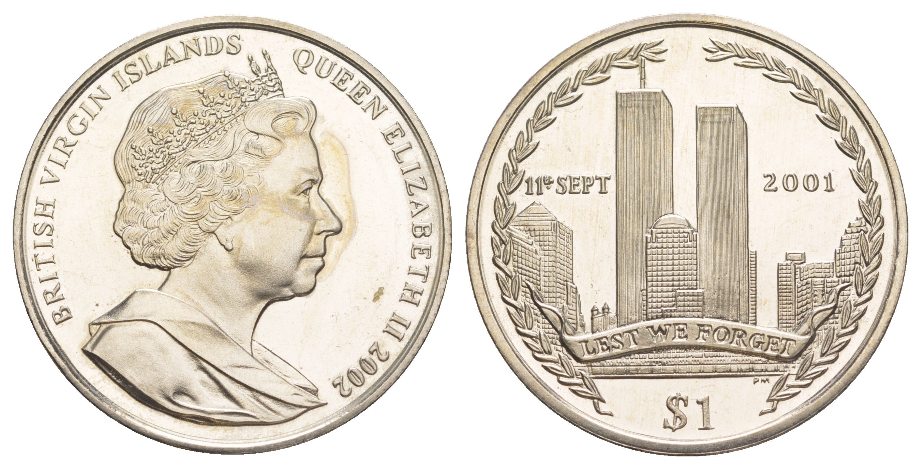 Британские Виргинские острова 1 доллар 2002 9/11 (11 сентября) - Всемирный торговый центр KM 207 медно-никель BU 01-231-44
