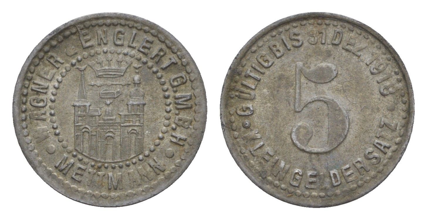 Меттман 5 пфеннигов 1918 Wagner and Englert G.M.B.H. Men05 16676.1, Men18 20934.1 цинк 4639-161