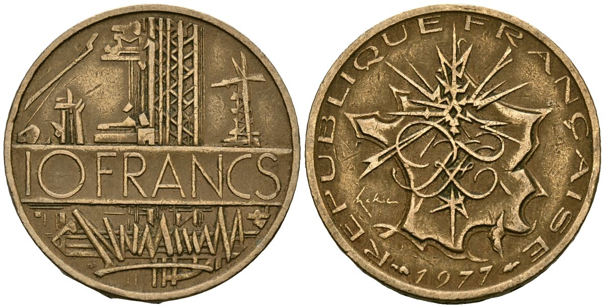 Франция 10 франков 1977 тип Матье KM 940, Le Franc 365.9-10 никель латунь 4120-626