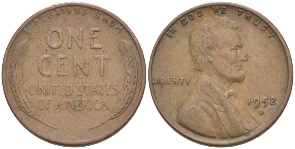 США 1 ЦЕНТ 1952 D, ЛИНКОЛЬН KM А132 медь цинк 218-618