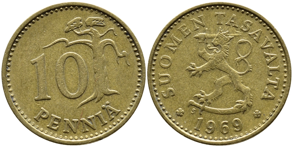 ФИНЛЯНДИЯ 10 ПЕННИ 1969 S KM 46 алюминиевая бронза 75-1631