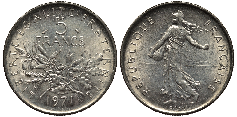 Франция 5 франков 1971 сеятель KM 926a.1, Le Franc 341.3 медно-никель плакированный никелем 3855-716