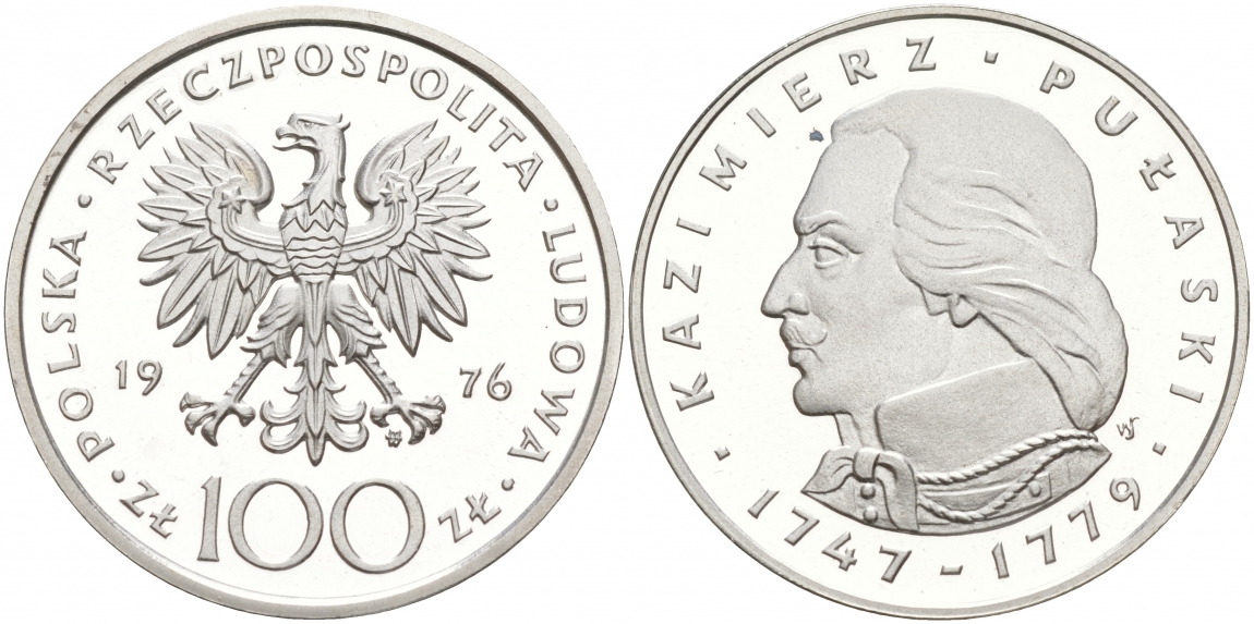 Польша 100 злотых 1976 MW, Казимир Пулавский (1747-1779) KM 84, Parchimowicz 275 серебро PROOF 1087-8-62