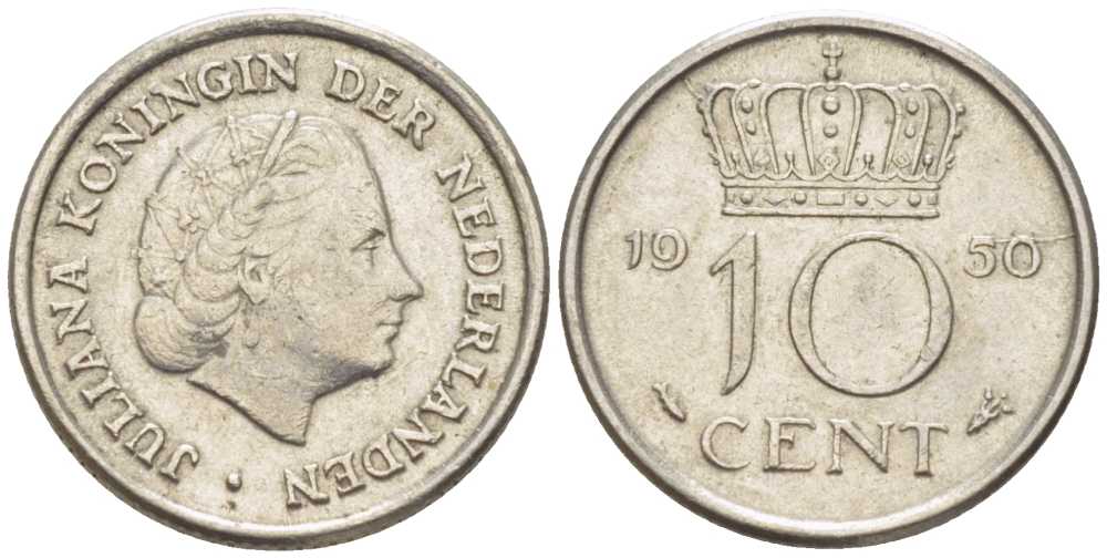 НИДЕРЛАНДЫ 10 ЦЕНТОВ 1950 ЮЛИАНА (1948-1980) KM 182 никель 214-1141