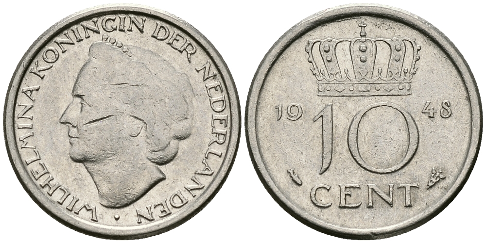 Нидерланды 10 центов 1948 Вильгельмина (1895-1948) KM 177 никель 96-535