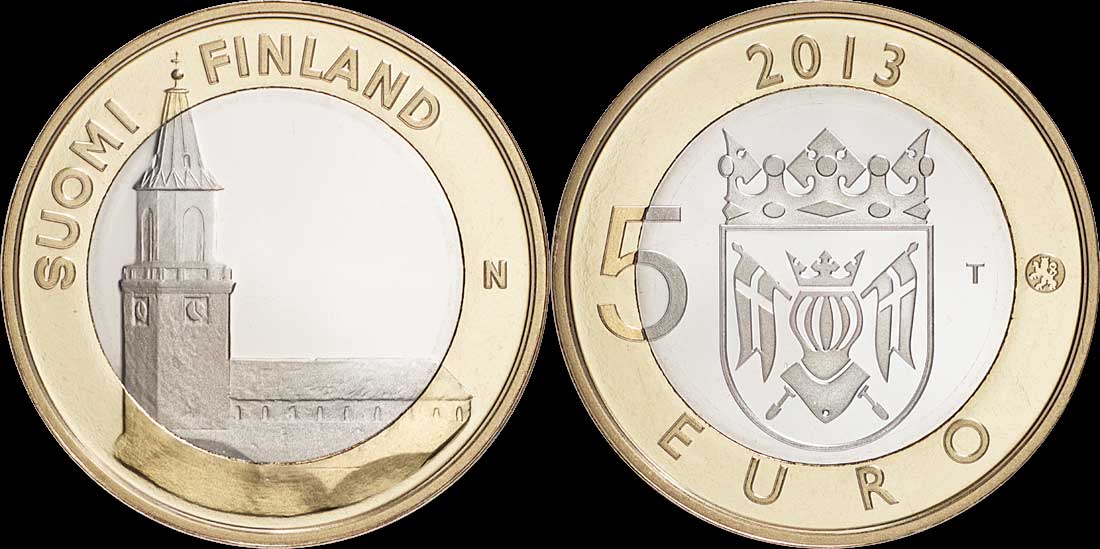 Финляндия 5 евро 2013 исторические здания, исконная Финляндия, кафедральный собор в Турку KM 213 биметалл UNC M7-14