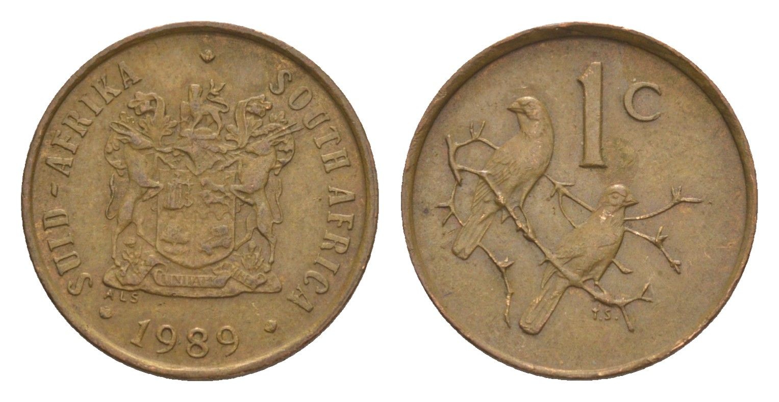ЮАР 1 цент 1989 герб, капские воробьи KM 82 бронза 4608-561