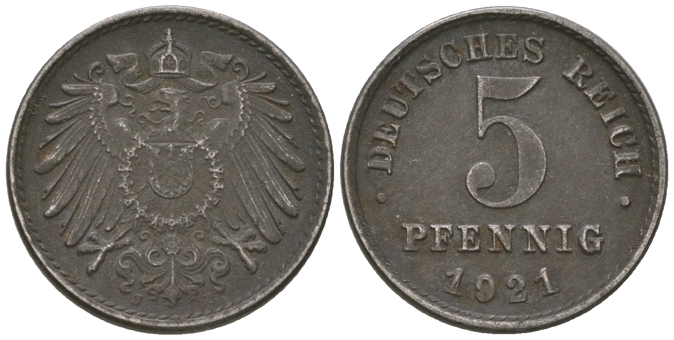 Германия 5 пфеннигов 1921 J KM 19, J. 297, Weege 5 железо 4615-1262