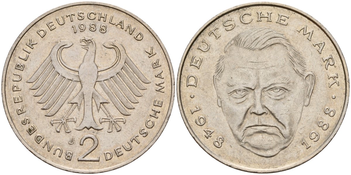 ФРГ 2 марки 1988 J, Франц Йозеф Штраус, 40 лет Федеративной Республике (1949-1989) KM 175, J. 450 медно-никель плакированный никелем 4157-341