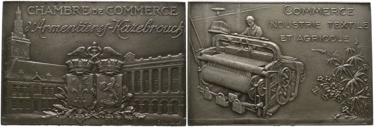 Франция плакетка ND (1985) торговая палата Армантьер, Байёль и Мервиль (Chambre de commerce d’Armenti?res, Bailleul et Merville), текстиль и сельское хозяйство, диаметр 55x37 мм, вес 58,9 гр серебро 00-00