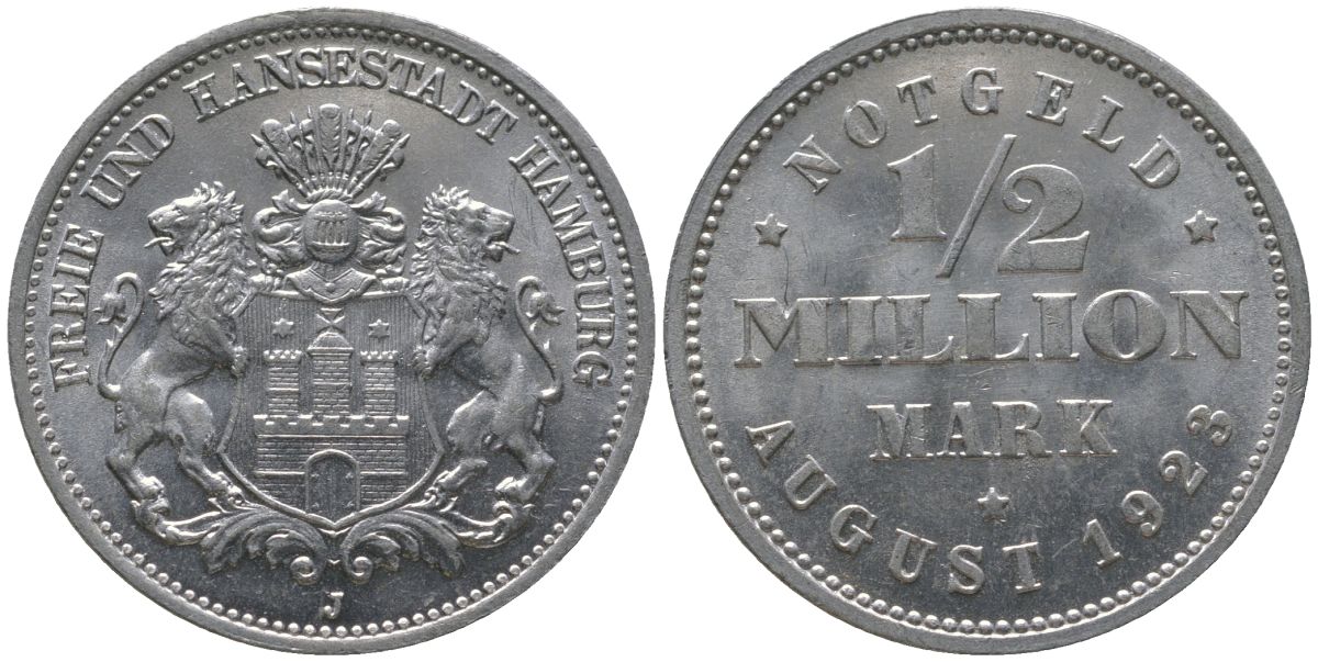 Гамбург 1/2 миллиона марок = 500000 марок 1923 Funck 636.2, Men18 13079.18 алюминий UNC 4599-511
