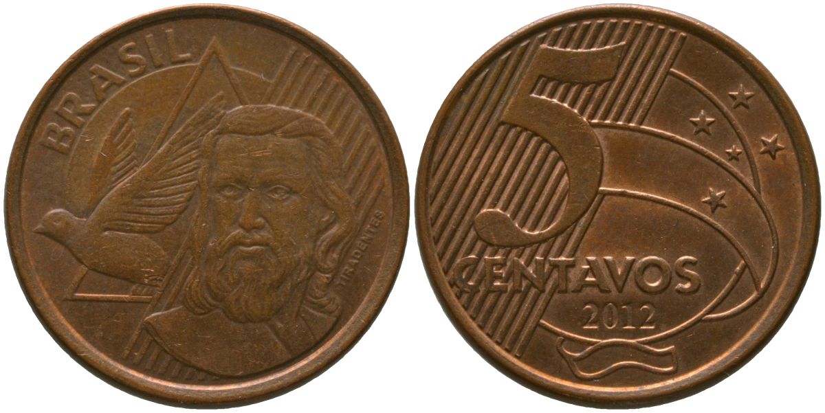 Бразилия 5 сентаво 2012 KM 648, Schon 156 сталь плакированная медью 4525-117