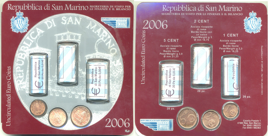 Сан-Марино официальный набор 2006 21 комплект 1, 2, 5 евроцентов, в запайке UNC 1-5-3-14