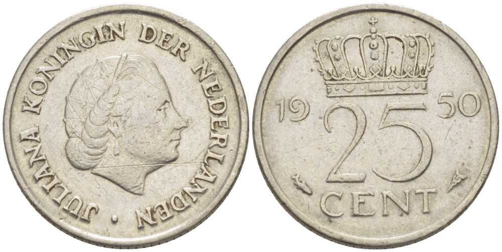 НИДЕРЛАНДЫ 25 ЦЕНТОВ 1950 ЮЛИАНА KM 183 никель 66-831