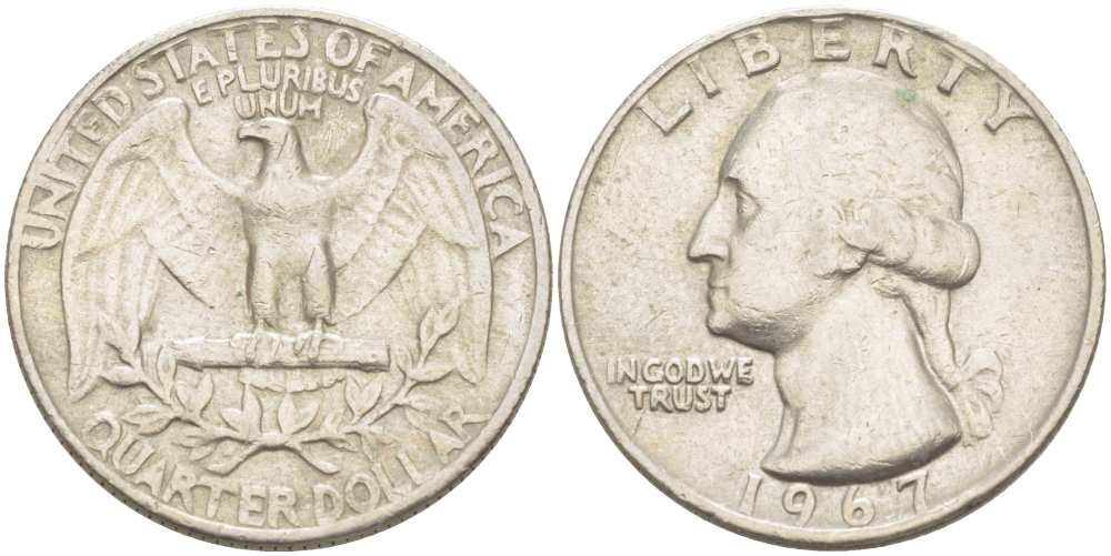 США 25 центов (квотер) 1967 Вашингтон KM 164a медь плакированная медно-никелем 4402-323