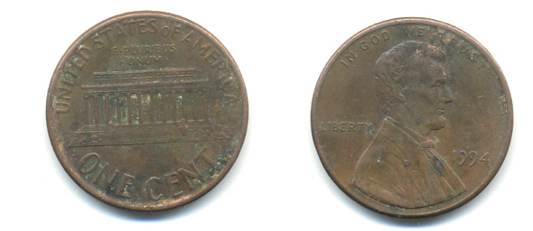 США 1 ЦЕНТ 1994 ЛИНКОЛЬН KM 201b цинк плакированный медью 86-312