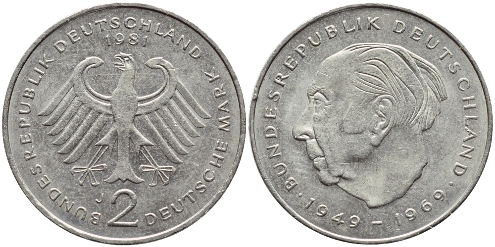 ФРГ 2 марки 1981 J, Теодор Хойс KM 127, J. 407 медно-никель плакированный никелем 85-1124