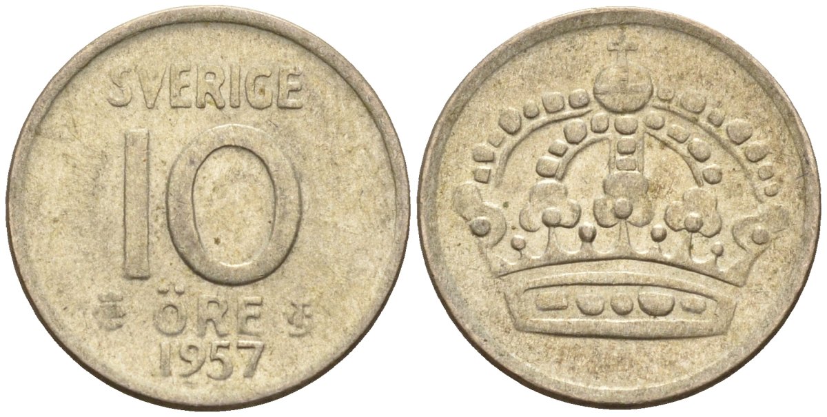 Швеция 10 эре 1957 Густав VI Адольф (1950-1973) KM 823 серебро 4147-917