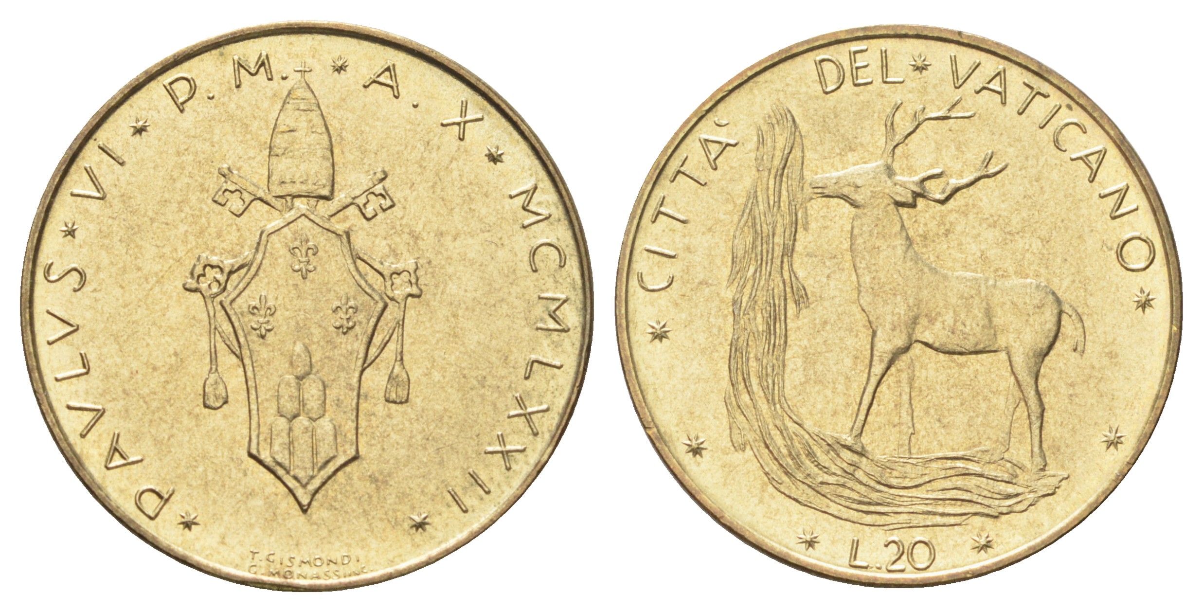 Ватикан 20 лир 1970 MCMLXX, Павел KM 120 алюминиевая бронза UNC 4697-1025