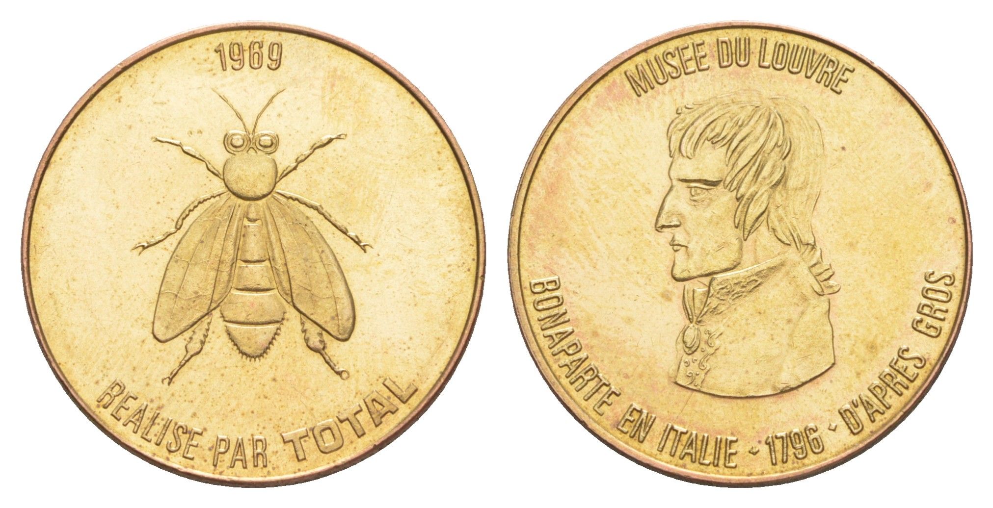 Франция жетон к 200-летию со дня рождения Наполеона-Бонапарта "Лувр - Наполеон в Италии" 1969 компания Total, диаметр 25,8 мм, вес 5 гр железо плакированная латунью UNC 4637-534