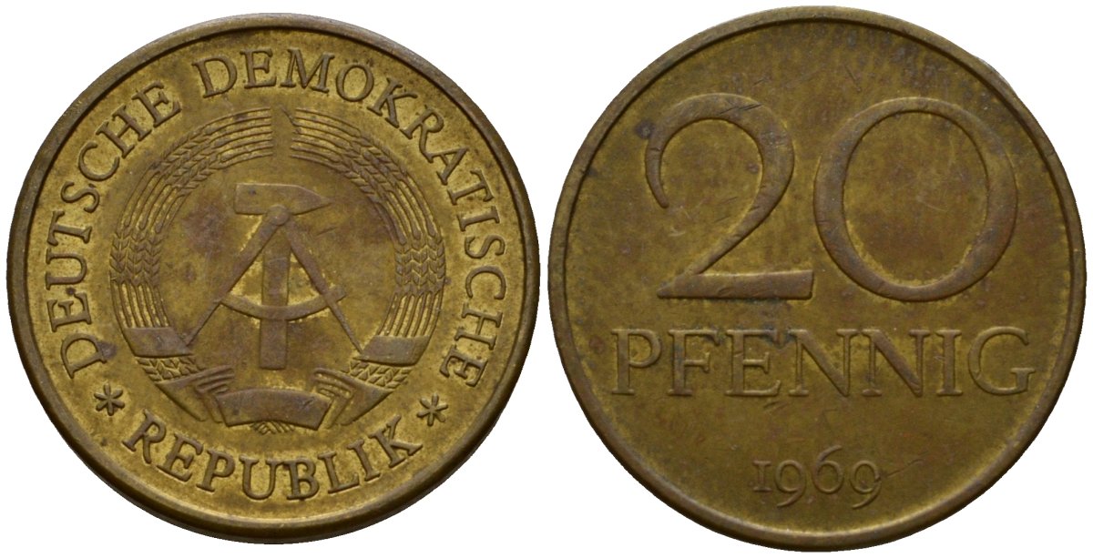 ГДР 20 пфеннигов 1969 A, первый год KM 11 латунь 4601-532