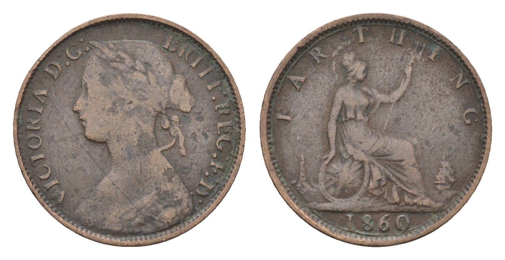 Великобритания 1 фартинг 1860 Виктория (1837-1901), зубчатая кайма KM 747.2, Spink 3958 бронза 4664-234