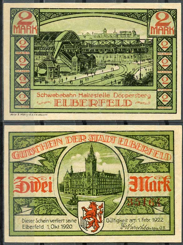 Германия, Эльберфельд 2 марки 1922 нотгельд, городские виды, зеленая Mehl 324.1 бумага UNC (пресс) 00-00-00