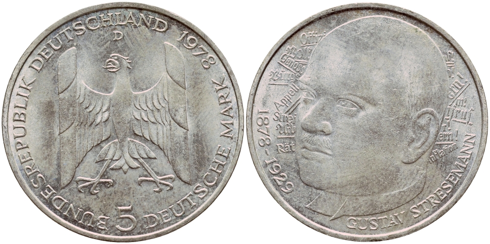 ФРГ 5 марок 1978 D, 200 лет со дня рождения Густава Штреземана J. 422, KM 147 серебро aUNC 1522-321