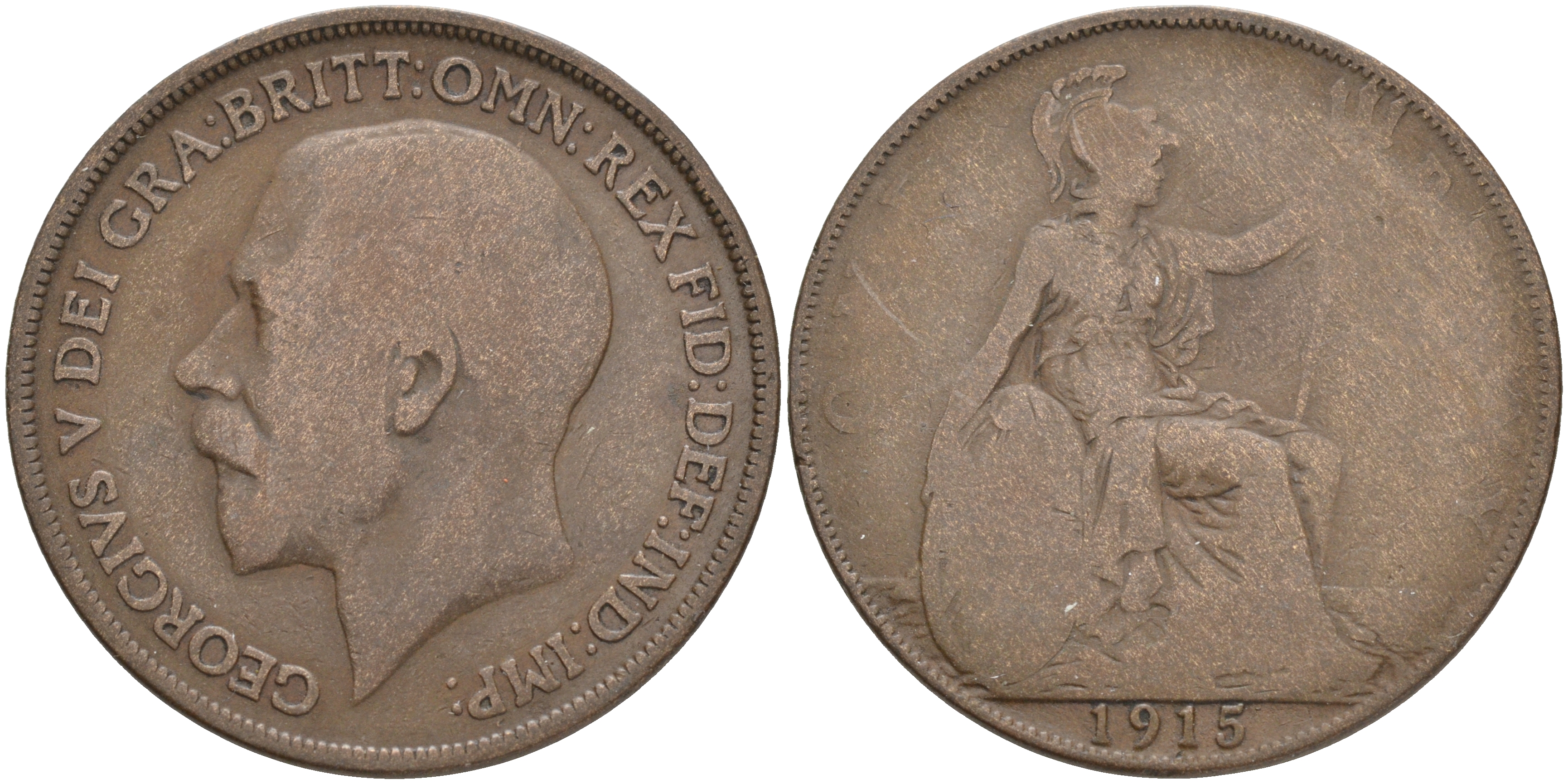 Великобритания 1 пенни 1915 Георг V (1910-1936) KM 810, Spink 4051 бронза 4557-944