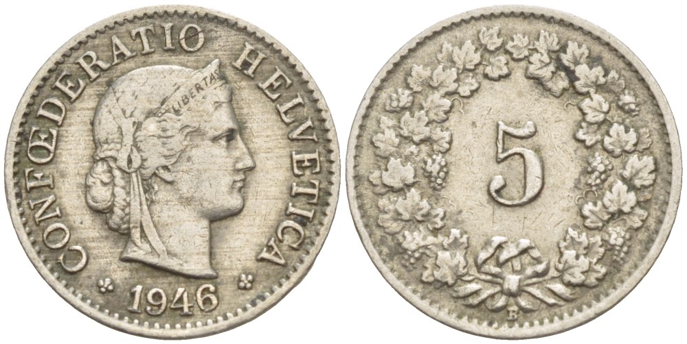 ШВЕЙЦАРИЯ 5 РАППЕНОВ 1946 В KM 26 медно-никель 4525-846